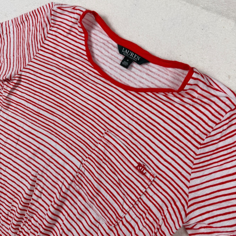 Lauren Ralph Lauren Red‎ White Striped Linen Blend Twist Knot Pocket T-Shirt S